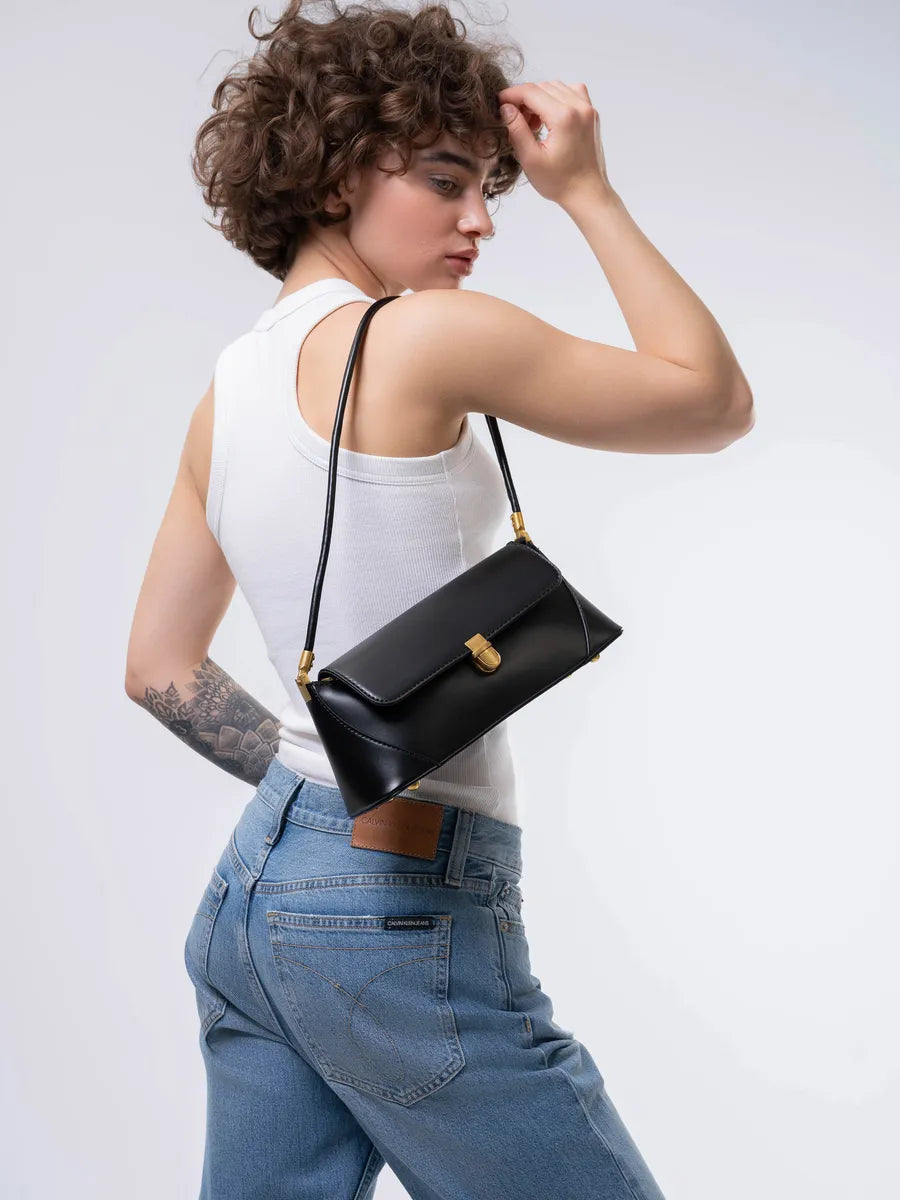 Bolsa Feminina Baguete Couro legitimo Preta Fashion Londres