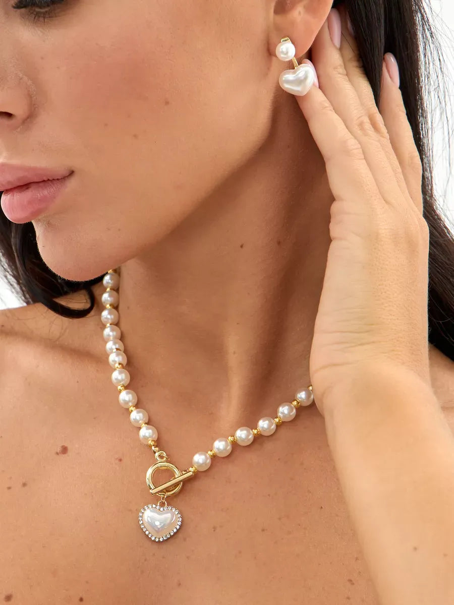 Conjunto Pérolas Luxury Heart Banhado Ouro 18K + Pulseira Grátis