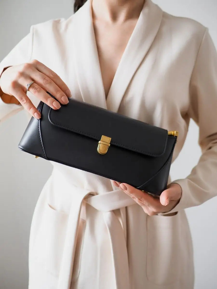 Bolsa Feminina Baguete Couro legitimo Preta Fashion Londres