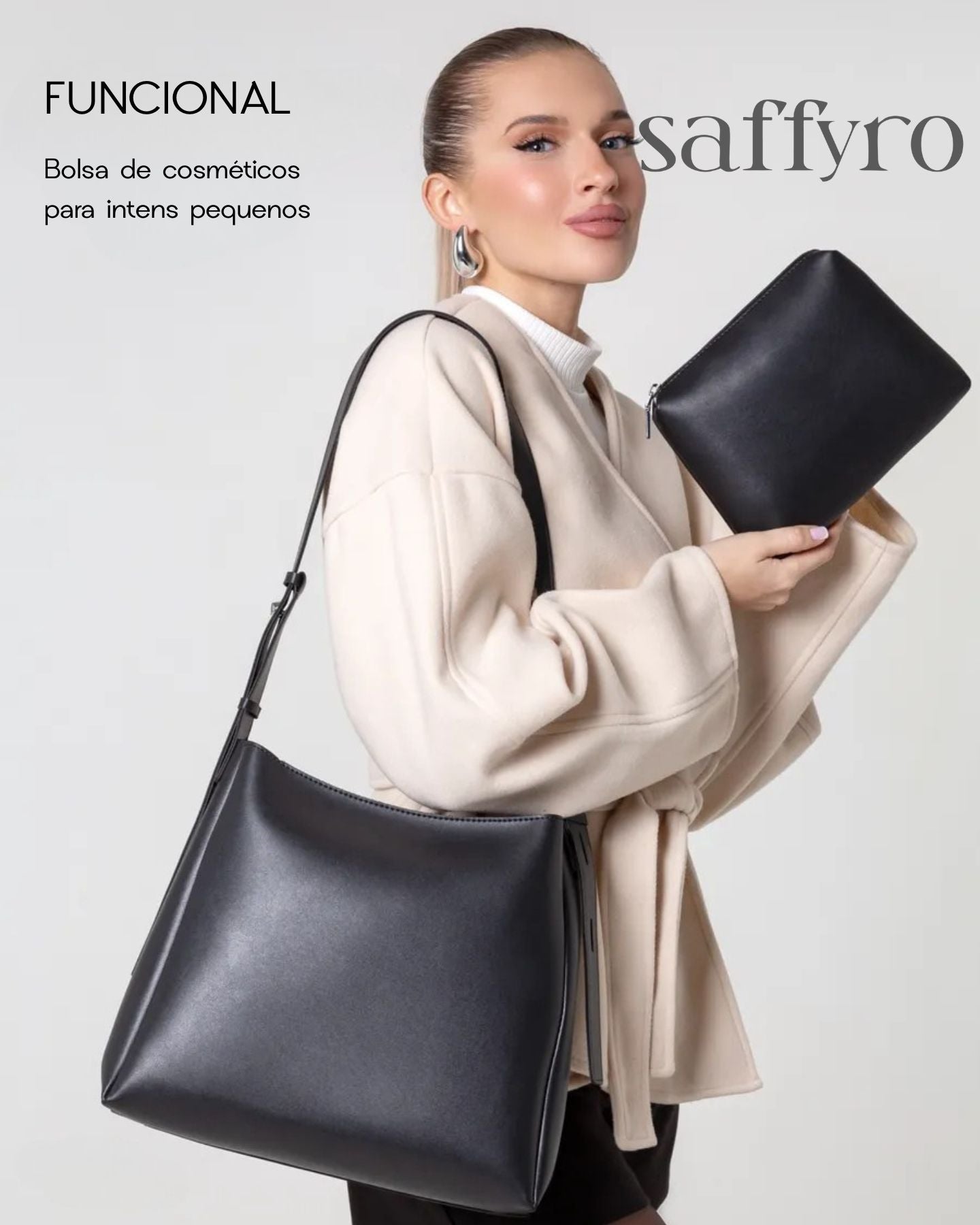 Bolsa Feminina Preta de Couro Luiza Espaçosa com Bolsinha