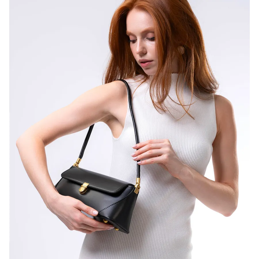 Bolsa Feminina Baguete Couro legitimo Preta Fashion Londres