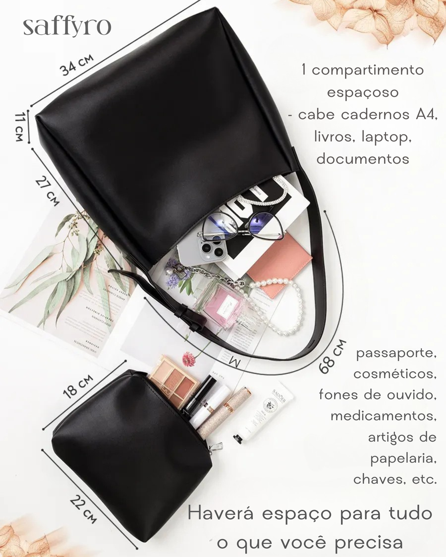 Bolsa Feminina Preta de Couro Luiza Espaçosa com Bolsinha