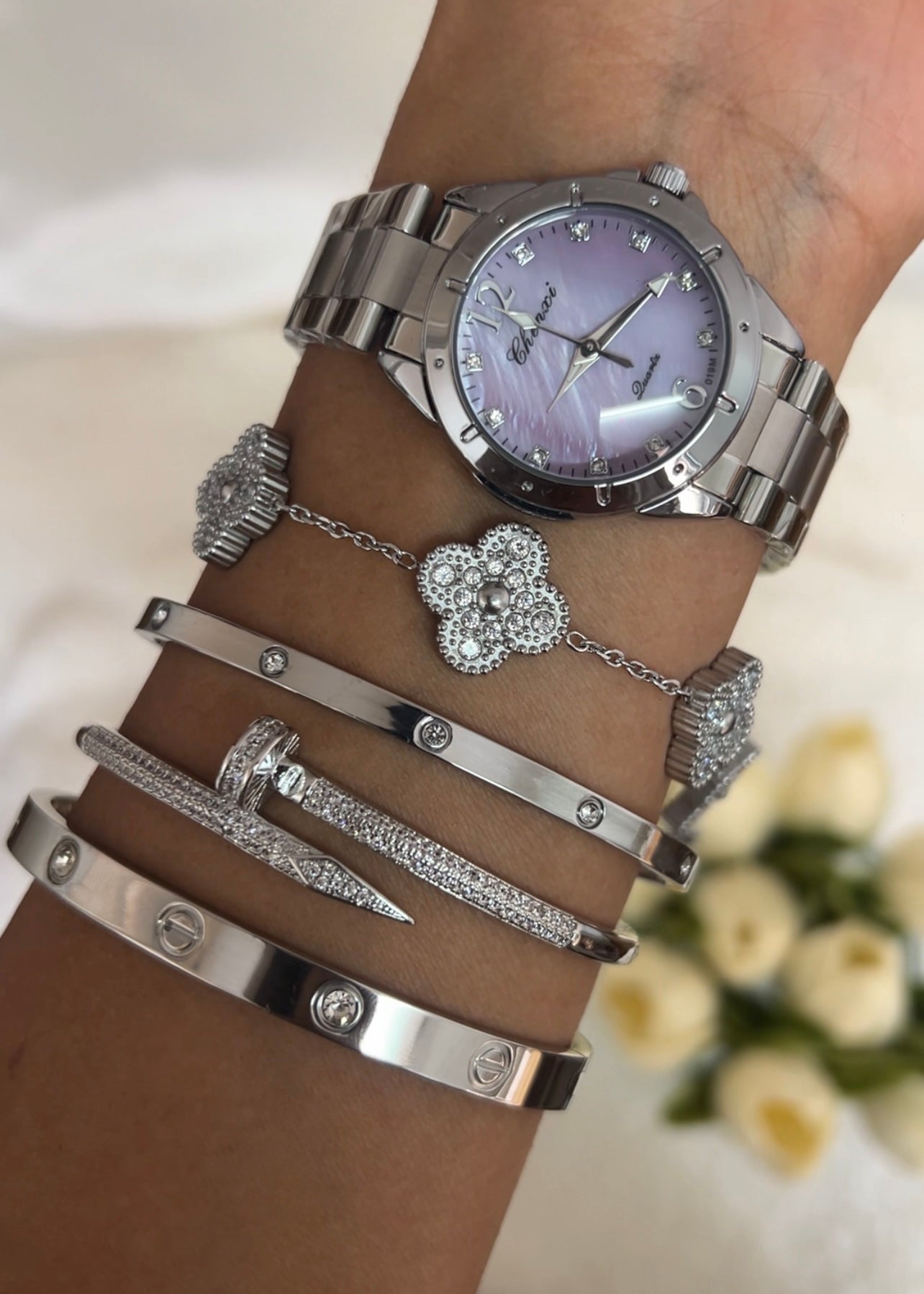 Pulseira Feminina Trevo de Cristal Prata/Dourado