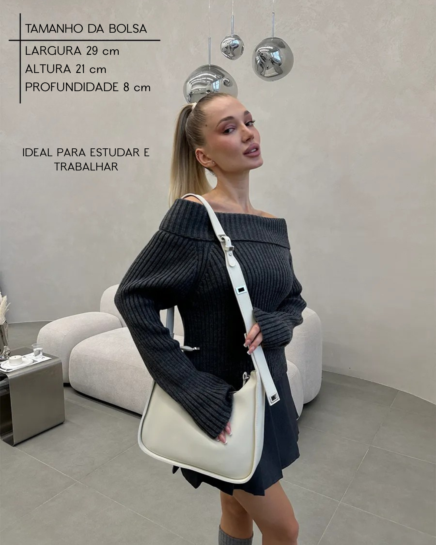 Bolsa Feminina Branca de Ombro em Couro Legítimo