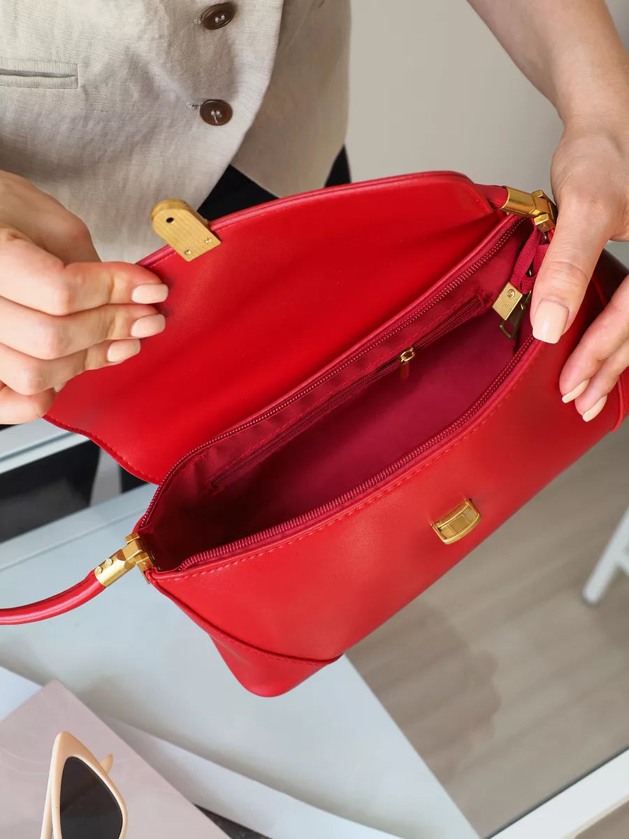 Bolsa Feminina Baguete Couro legitimo Vermelha Fashion Londres