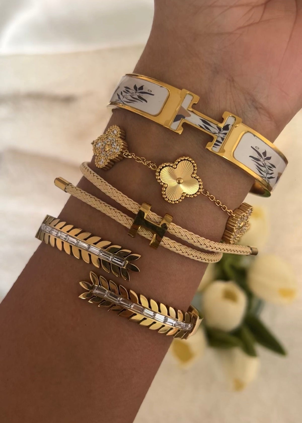 Pulseira Feminina Trevo de Cristal Prata/Dourado