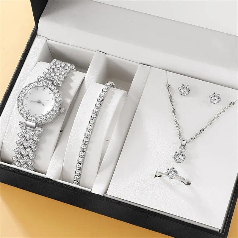 Conjunto Feminino Relógio, pulseira, colar, brinco e anel Charm Eterno
