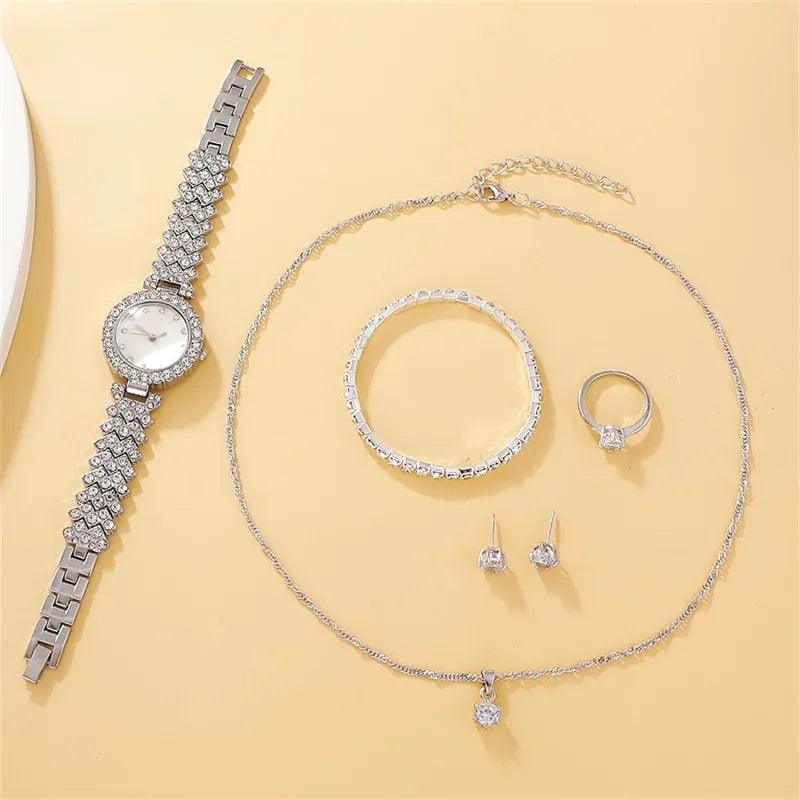 Conjunto Feminino Relógio, pulseira, colar, brinco e anel Charm Eterno