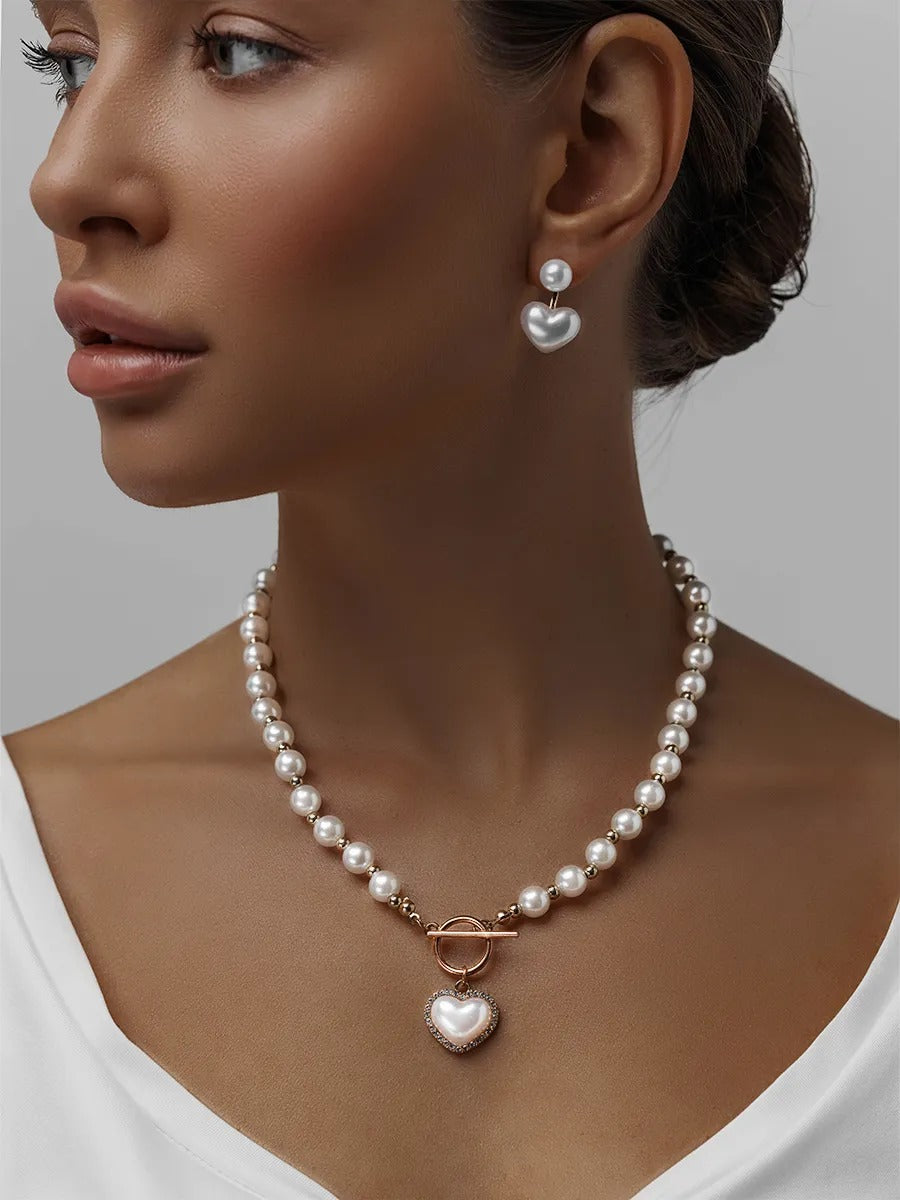 Conjunto Pérolas Luxury Heart Banhado Ouro 18K + Pulseira Grátis