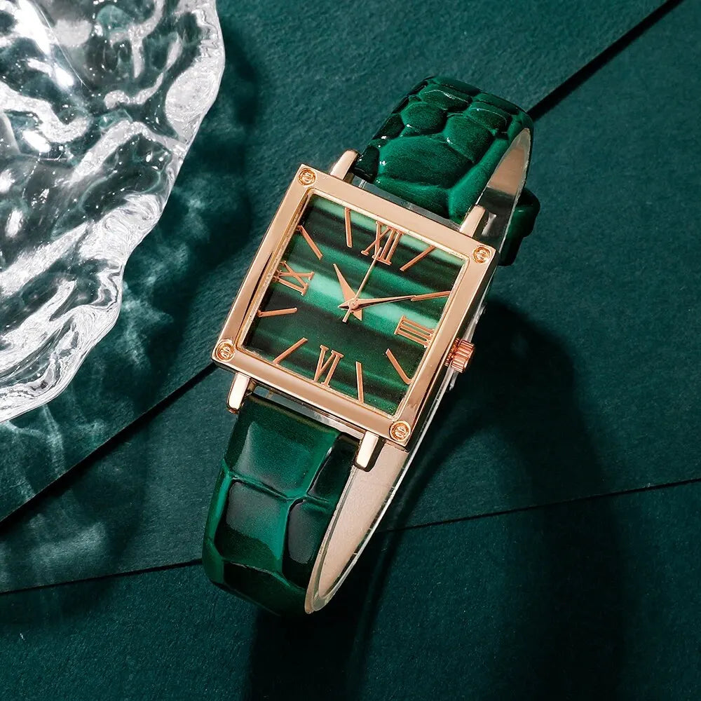 Relógio Feminino com Colar, Brinco e Anel Verde Esmeralda.