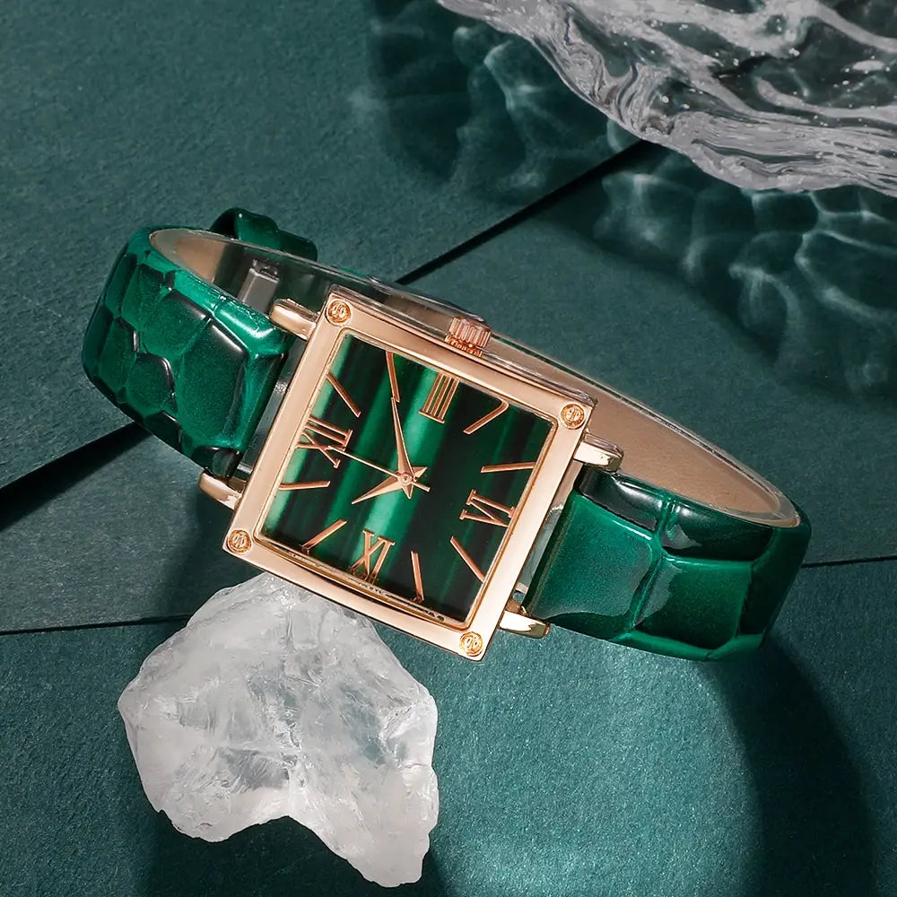 Relógio Feminino com Colar, Brinco e Anel Verde Esmeralda.