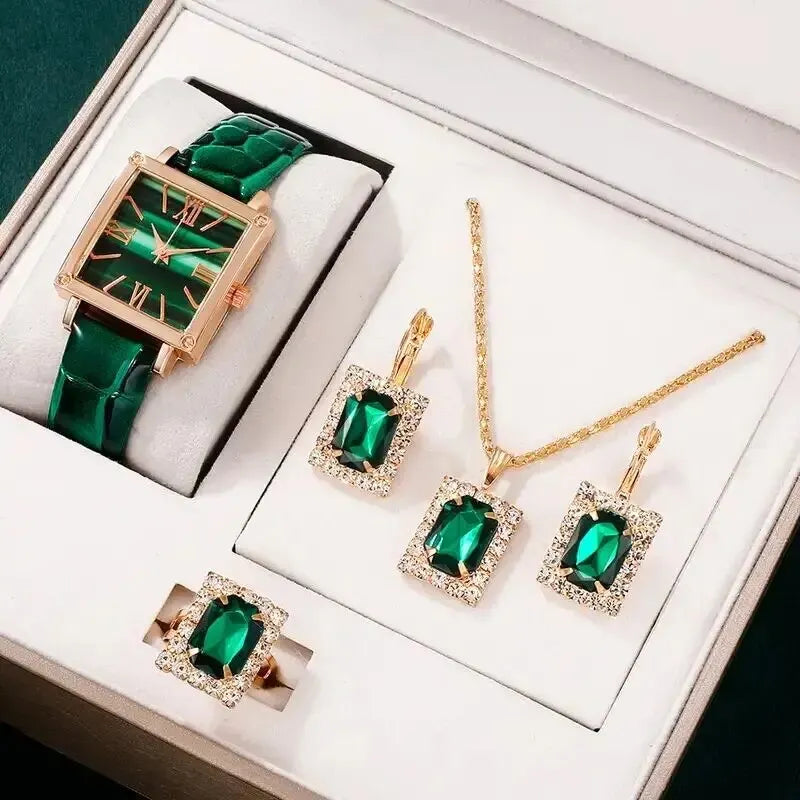 Relógio Feminino com Colar, Brinco e Anel Verde Esmeralda.