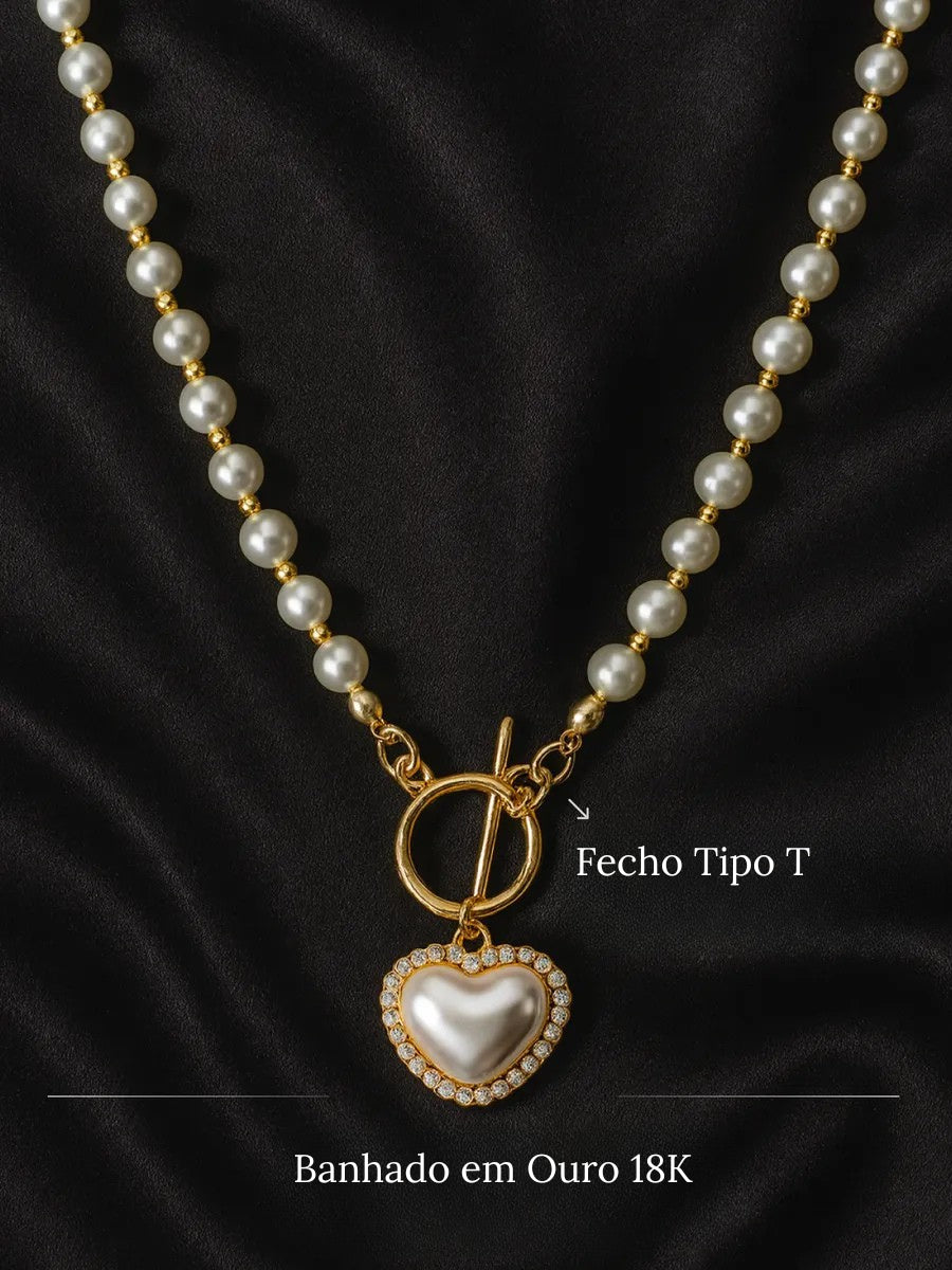 Conjunto Pérolas Luxury Heart Banhado Ouro 18K + Pulseira Grátis