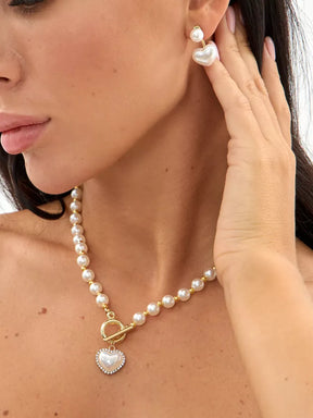 Conjunto Pérolas Luxury Heart Banhado Ouro 18K + Pulseira Grátis