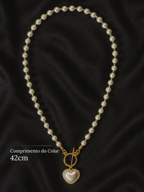 Conjunto Pérolas Luxury Heart Banhado Ouro 18K + Pulseira Grátis