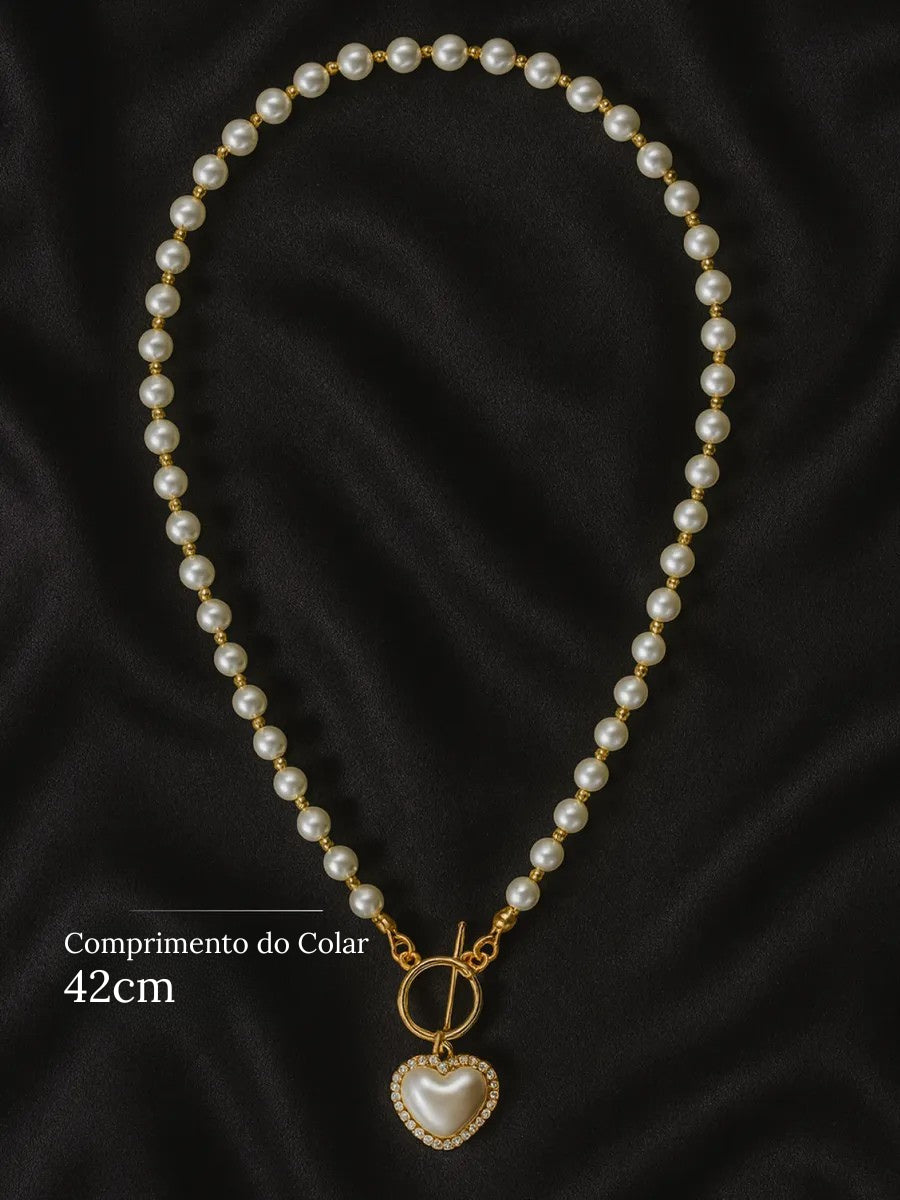 Conjunto Pérolas Luxury Heart Banhado Ouro 18K + Pulseira Grátis
