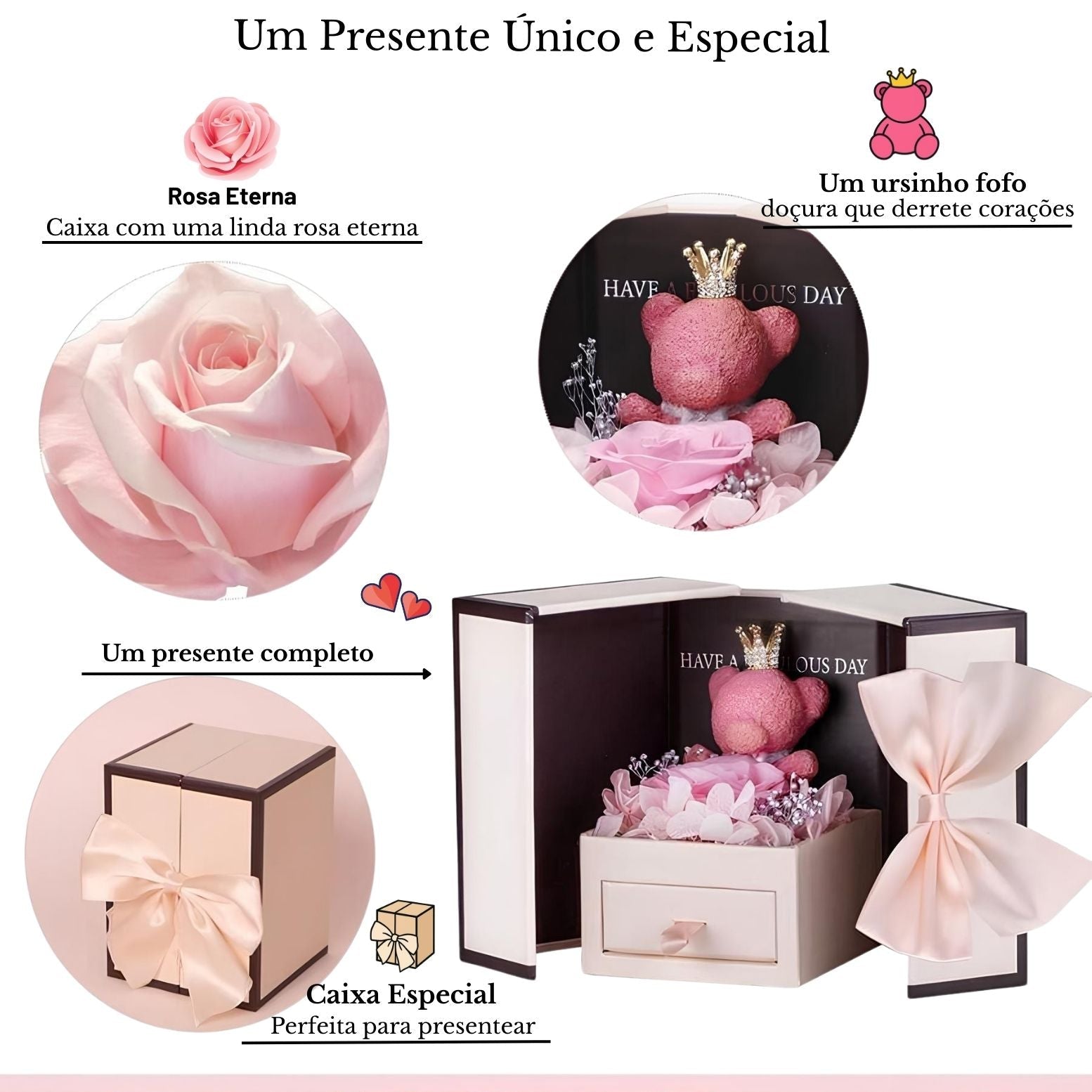 Colar Mãe Eu Te Amo - Caixa Especial com Urso e Rosa Eterna