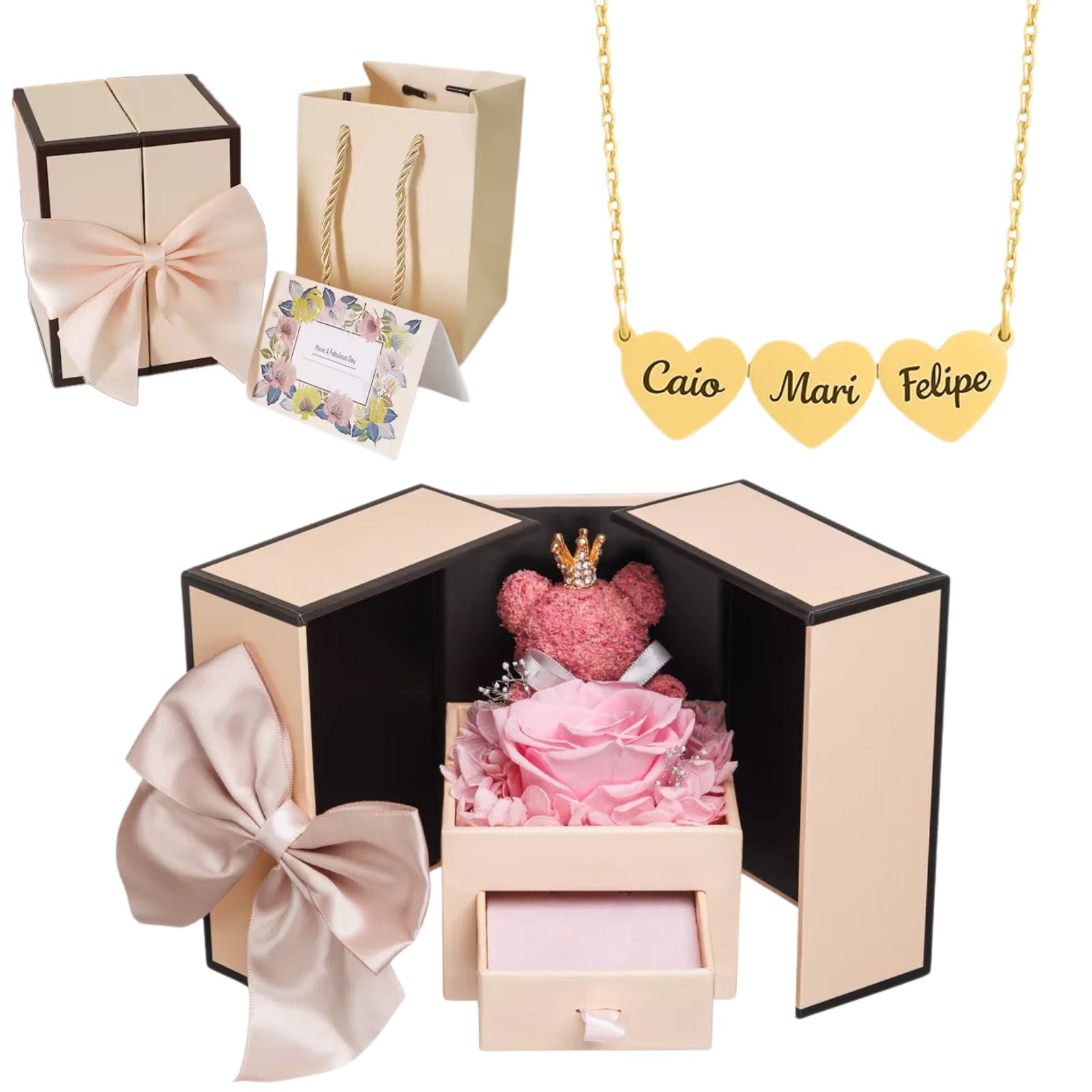 Colar Mãe Eu Te Amo - Caixa Especial com Urso e Rosa Eterna