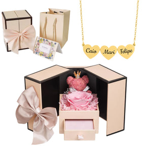 Colar Mãe Eu Te Amo - Caixa Especial com Urso e Rosa Eterna