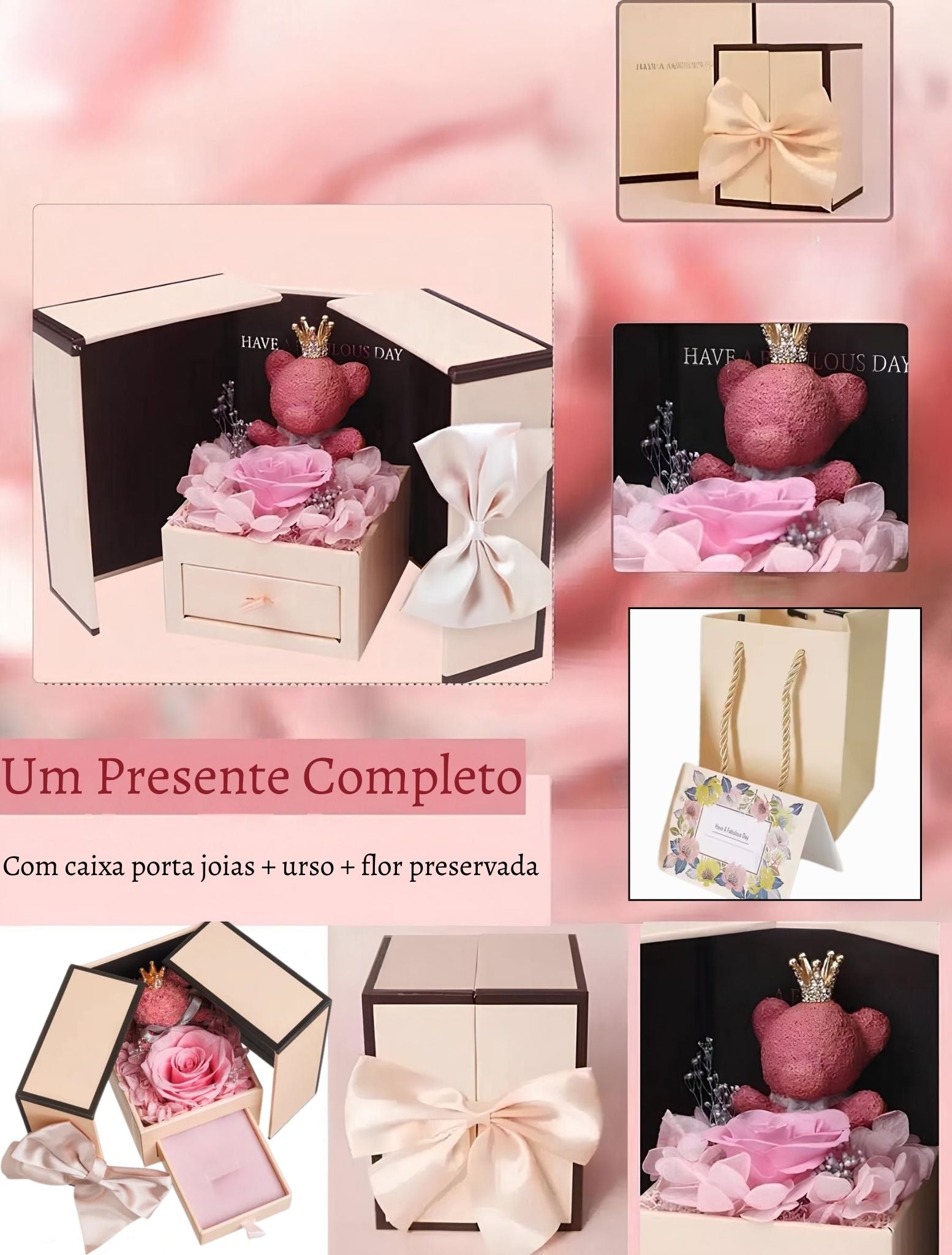 Colar Mãe Eu Te Amo - Caixa Especial com Urso e Rosa Eterna