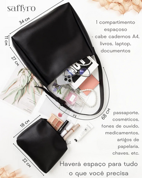 Bolsa Feminina Preta de Couro Luiza Espaçosa com Bolsinha