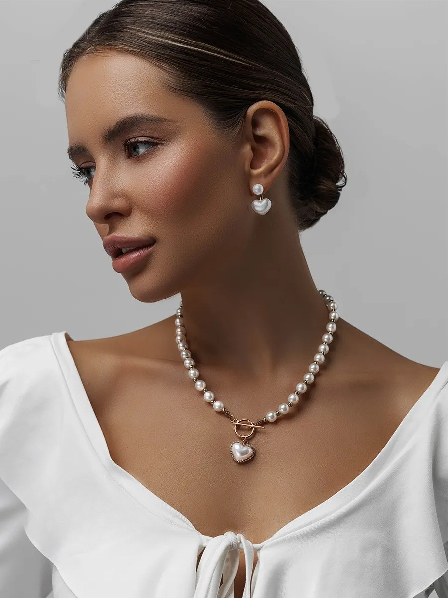 Conjunto Pérolas Luxury Heart Banhado Ouro 18K + Pulseira Grátis