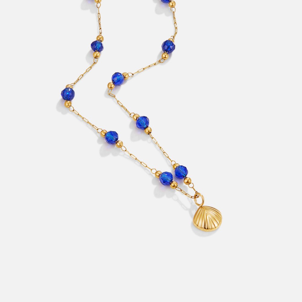 Colar Feminino Dourado Nerissa de Concha Dourada e miçanga Azul