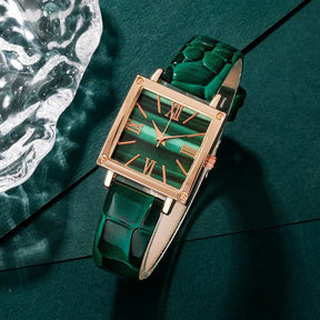 Relógio Feminino com Colar, Brinco e Anel Verde Esmeralda.