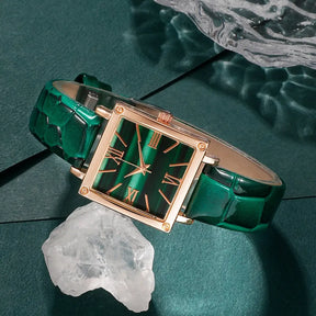 Relógio Feminino com Colar, Brinco e Anel Verde Esmeralda.