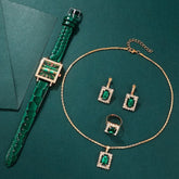 Relógio Feminino com Colar, Brinco e Anel Verde Esmeralda.