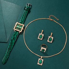 Relógio Feminino com Colar, Brinco e Anel Verde Esmeralda.